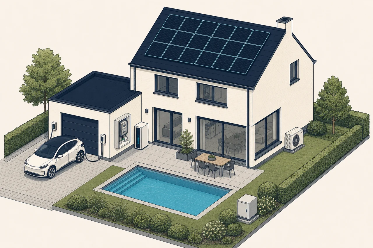 3D-tekening van een woning met zonnepanelen, thuisbatterij, EV-lader, warmtepomp, zwembad en digitale meter met P1-dongle